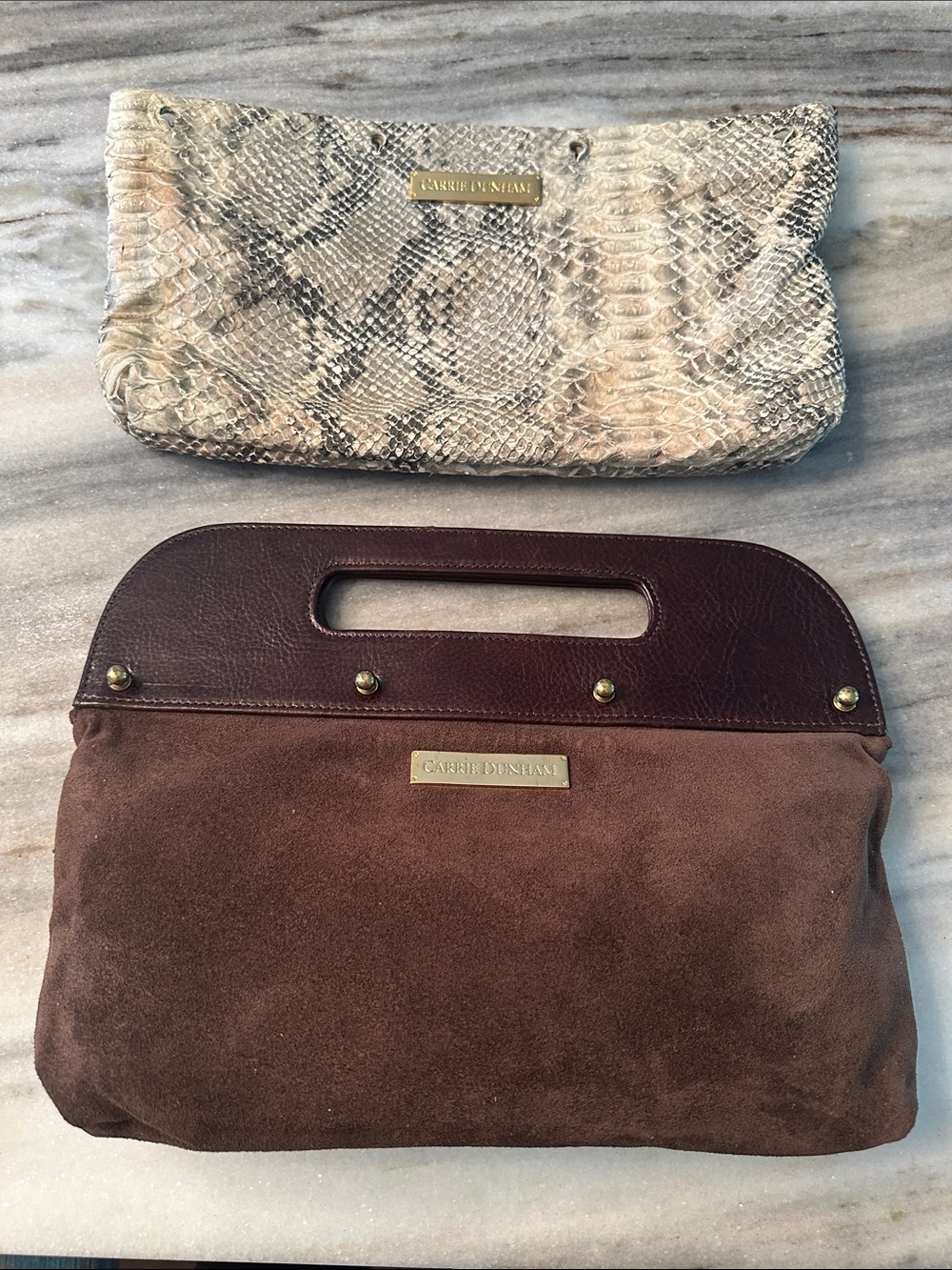 CARRIE DUNHAM CONVERTIBLE CLUTCH -Suede& leather/genuine Python MSRP $450